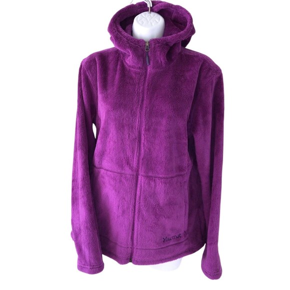 MARMOT Polartec Women Fluffy Fleece Jumper Large Full Zip Neon Purple Hooded - Picture 1 of 10